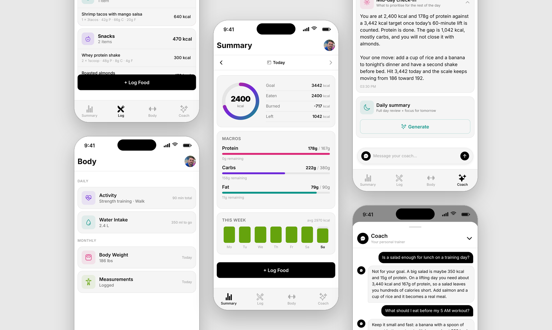 Marea’s daily summary in the center, with the food log and body tracking on the left and the coach’s check-in and chat on the right