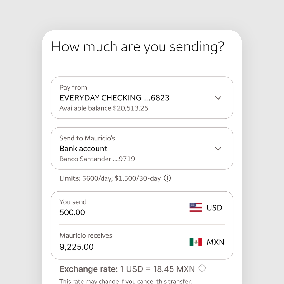 Wells Fargo global transfer app screens