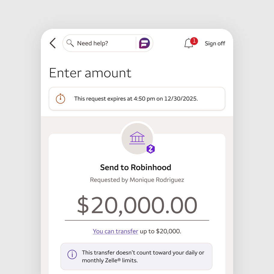 Zelle brokerage transfer request screen